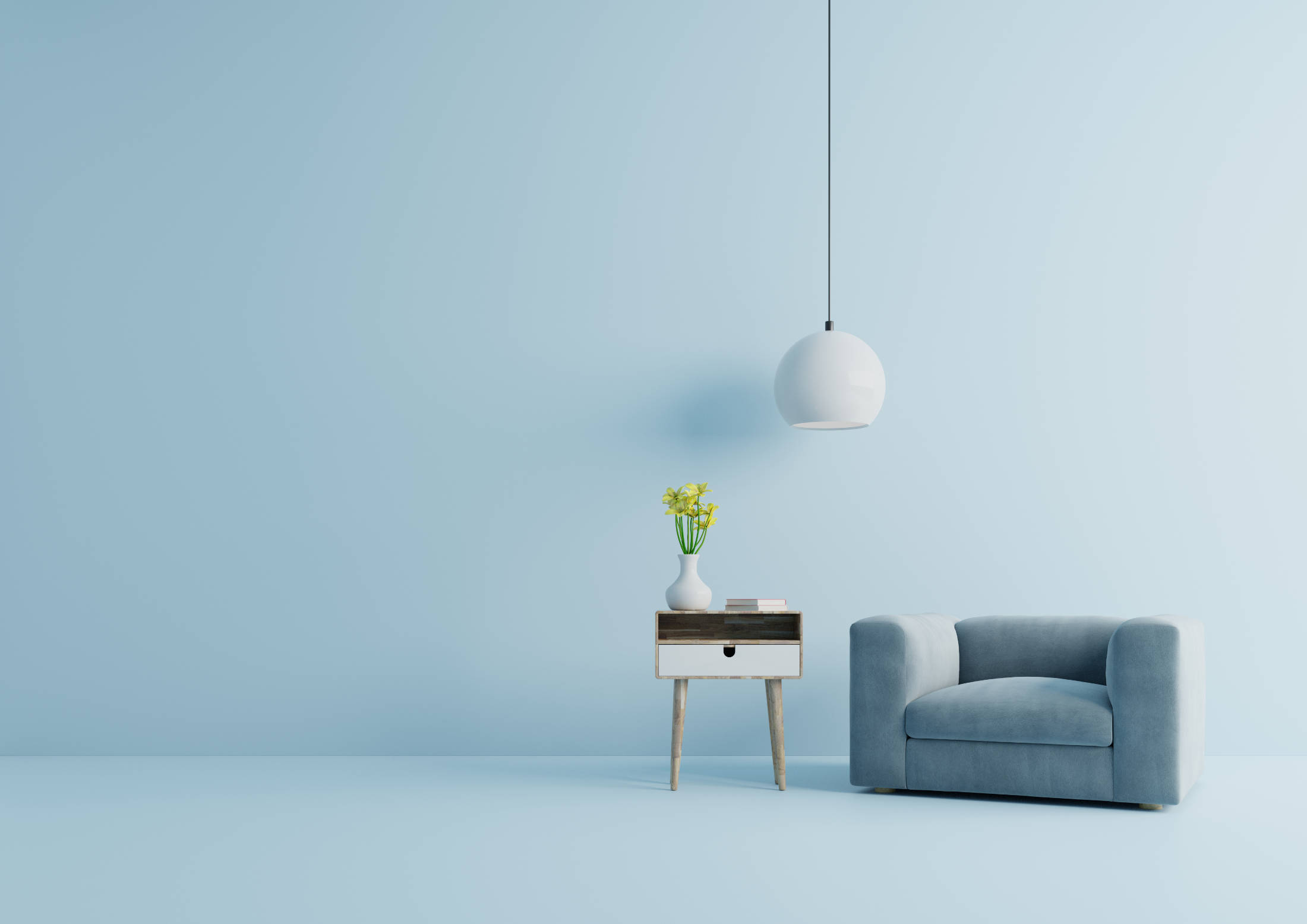Modern living room with blue armchair have cabinet and lamp on w Positive Vibes